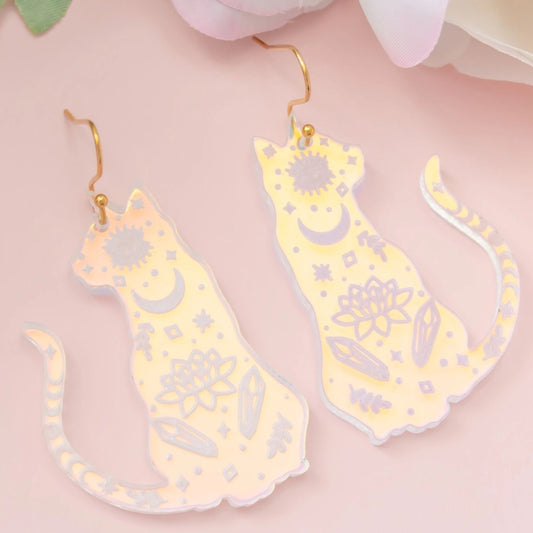 Mystic Cat Holographic Acrylic Earrings, Handmade