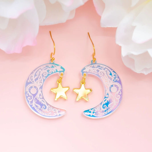 Celestial Moon & Star Earrings Holographic Statement Dangles